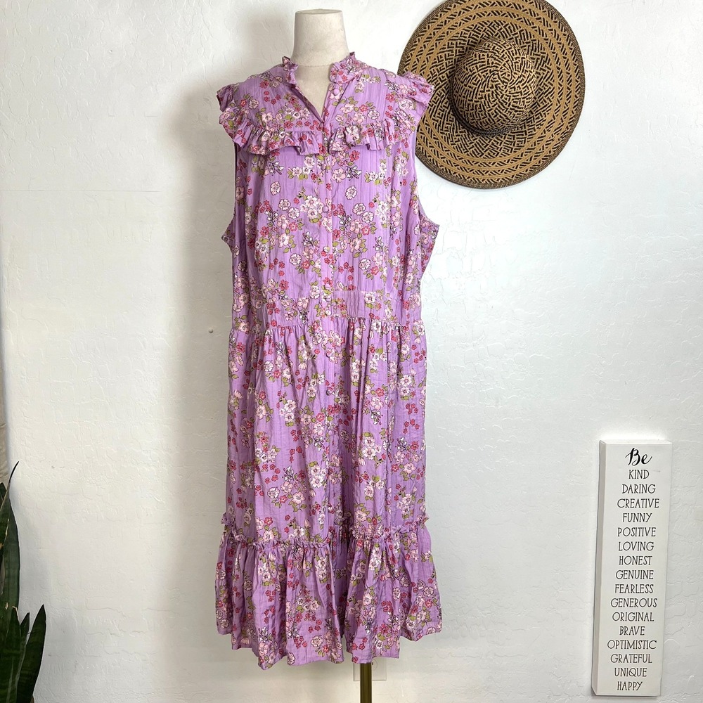 Unique Vintage Purple Floral Prairie Dress 3X  Ruffle Button Front Cottagecore